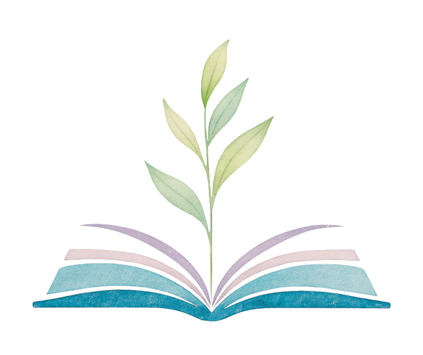 Logo of an open teal book with lavender accents and a green plant sprouting upward.